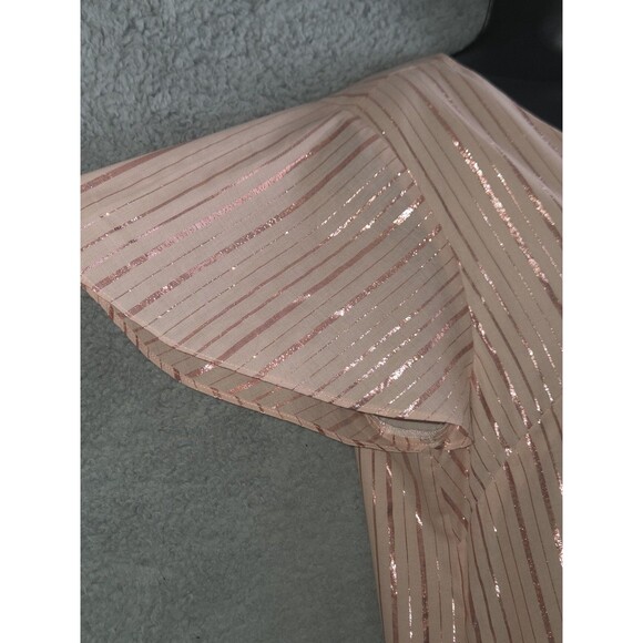 Anna Cate Veronica Dress S Peach Rose Gold V-Neck Ruffle Hem Metallic Stripe - Picture 3 of 10